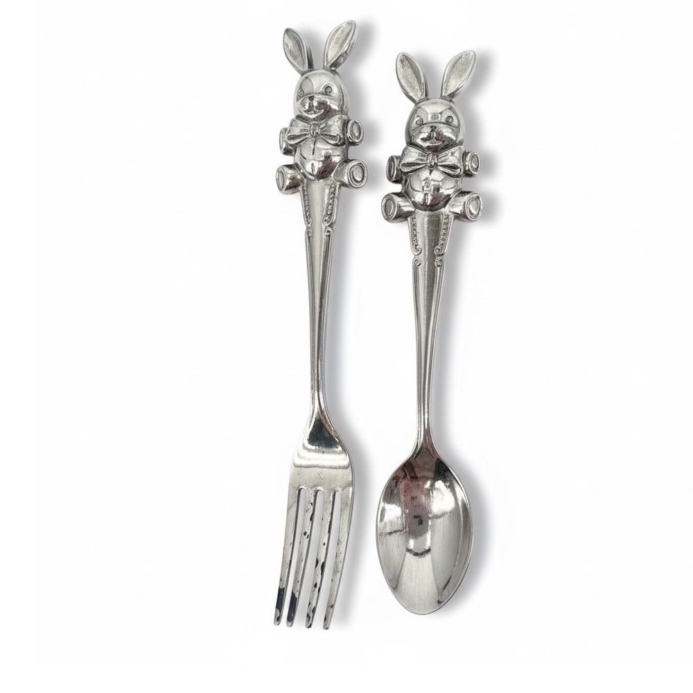 Vintage Silverplated Easter Bunny Baby Spoon & Fork Set Keepsake ^SEE